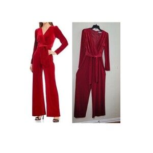 Antonio Melani Jumpsuit Red Velvet Velour Women 6 Belted Wide Leg Easter Party